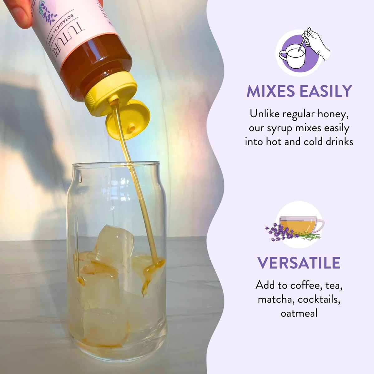 TUTURU lavender honey syrup in a cocktail glass enhances floral notes and balance.