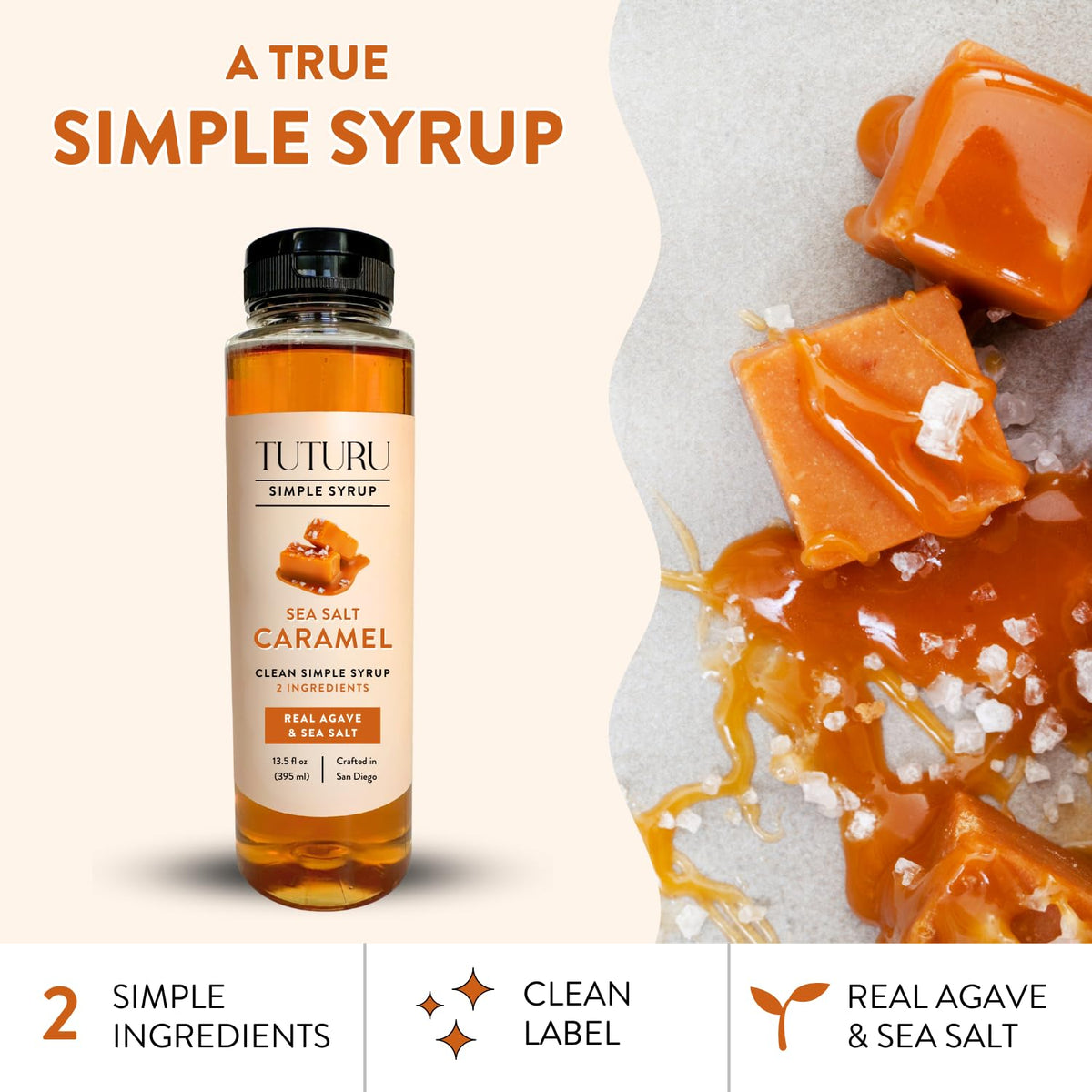 Tuturu slow-brewed agave syrup with sea salt on the counter for premium caramel flavor.