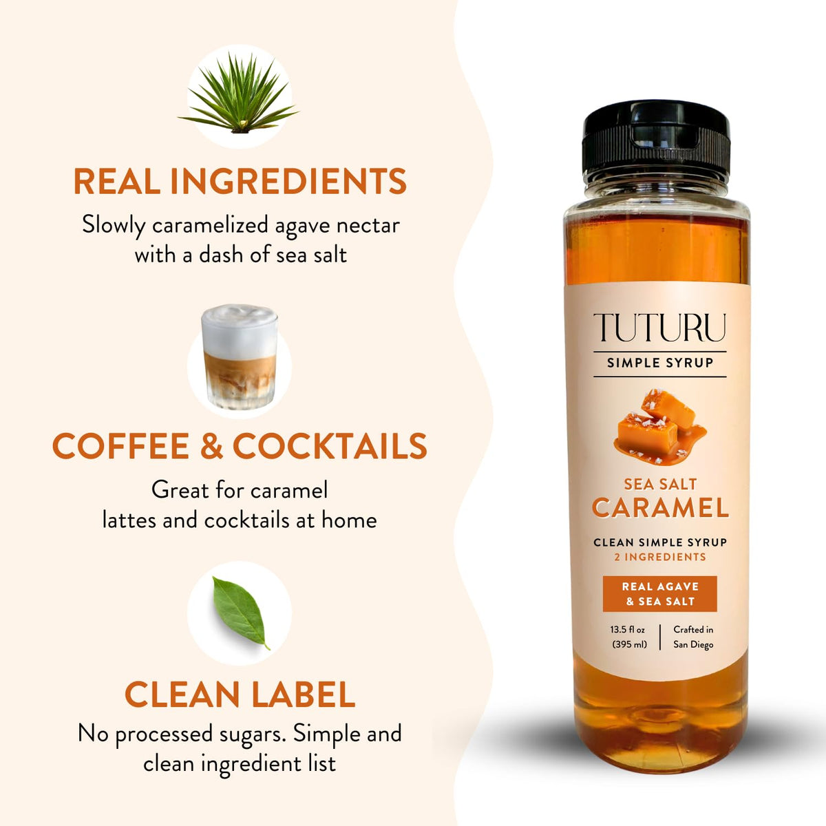 Close-up of the Tuturu Salted Caramel Agave Simple Syrup label showing clean ingredients.