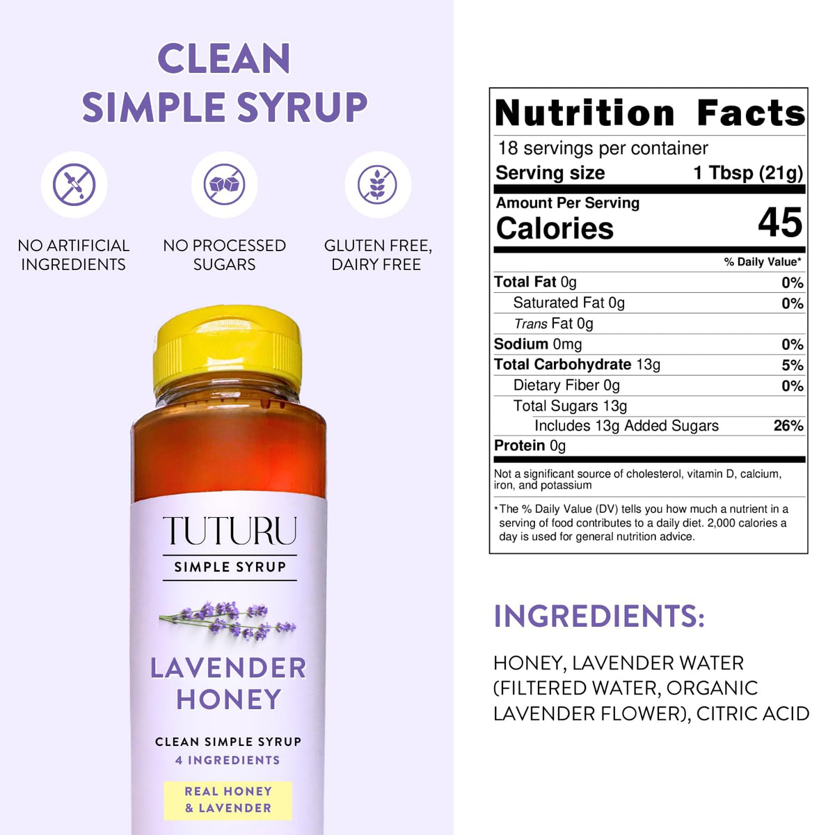 TUTURU lavender honey syrup poured over ice showcases quick dissolve and even sweetness.