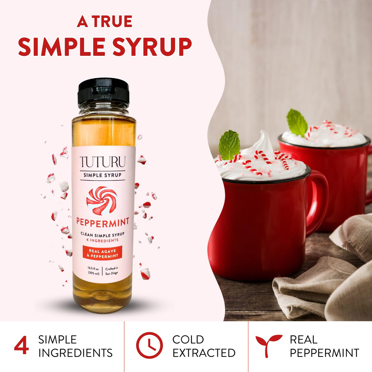TUTURU Peppermint Agave Syrup ingredients closeup emphasizes real peppermint and agave.
