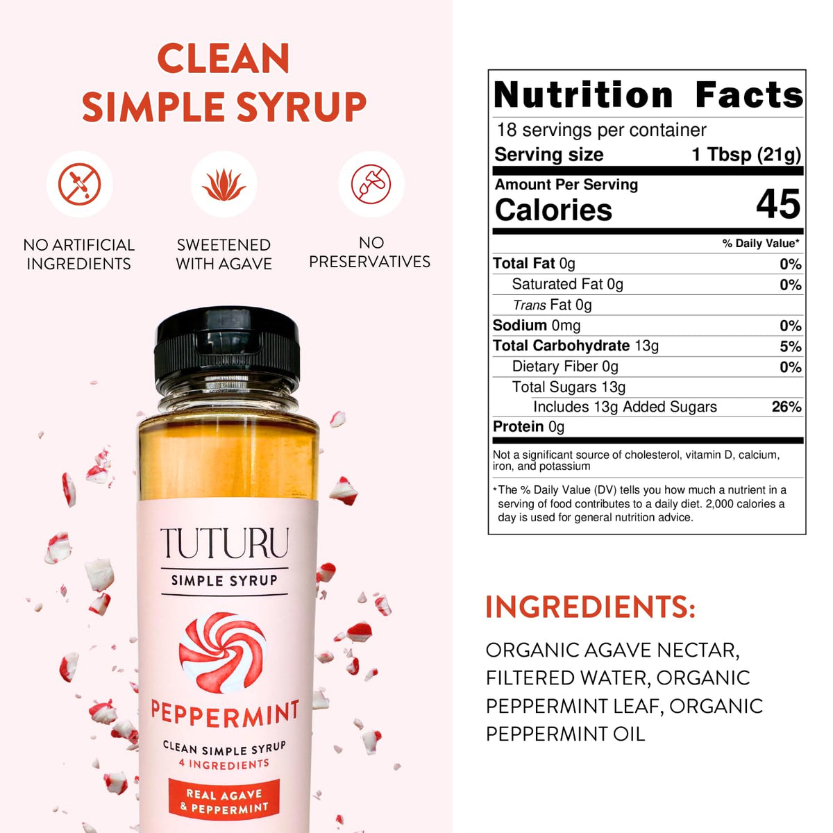 TUTURU Peppermint Agave Syrup label emphasizes small-batch, hand-brewed craftsmanship.