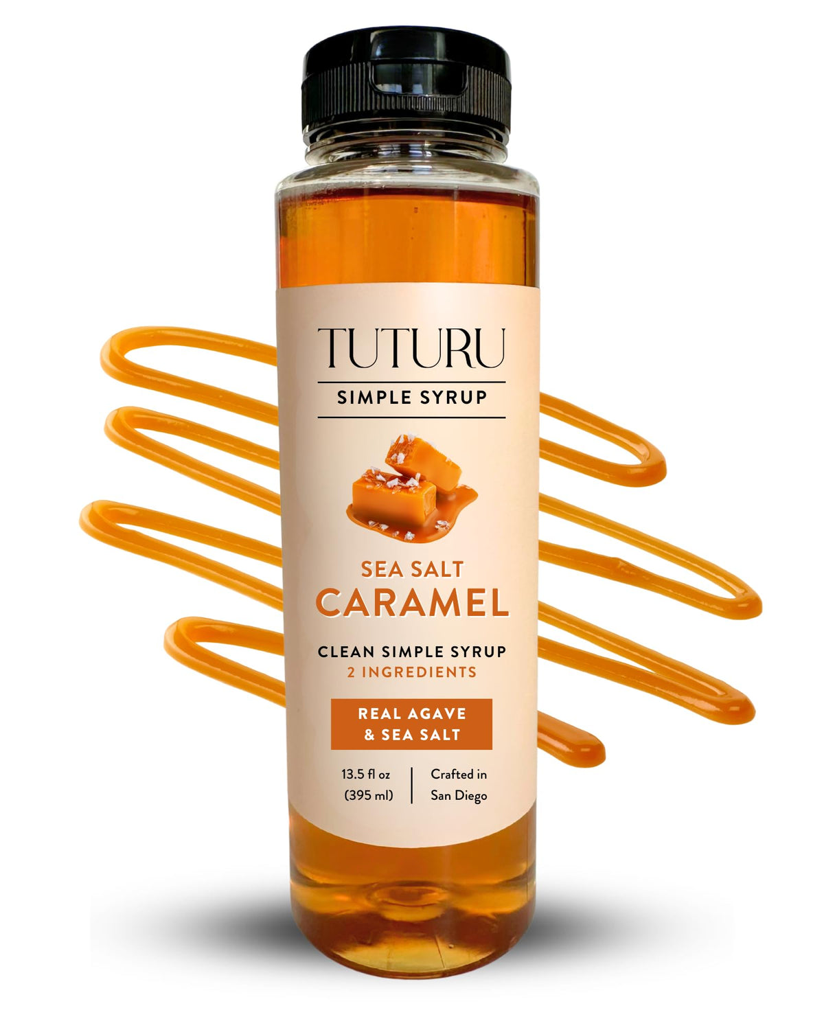 Tuturu Salted Caramel Agave Simple Syrup bottle for coffee and cocktails.