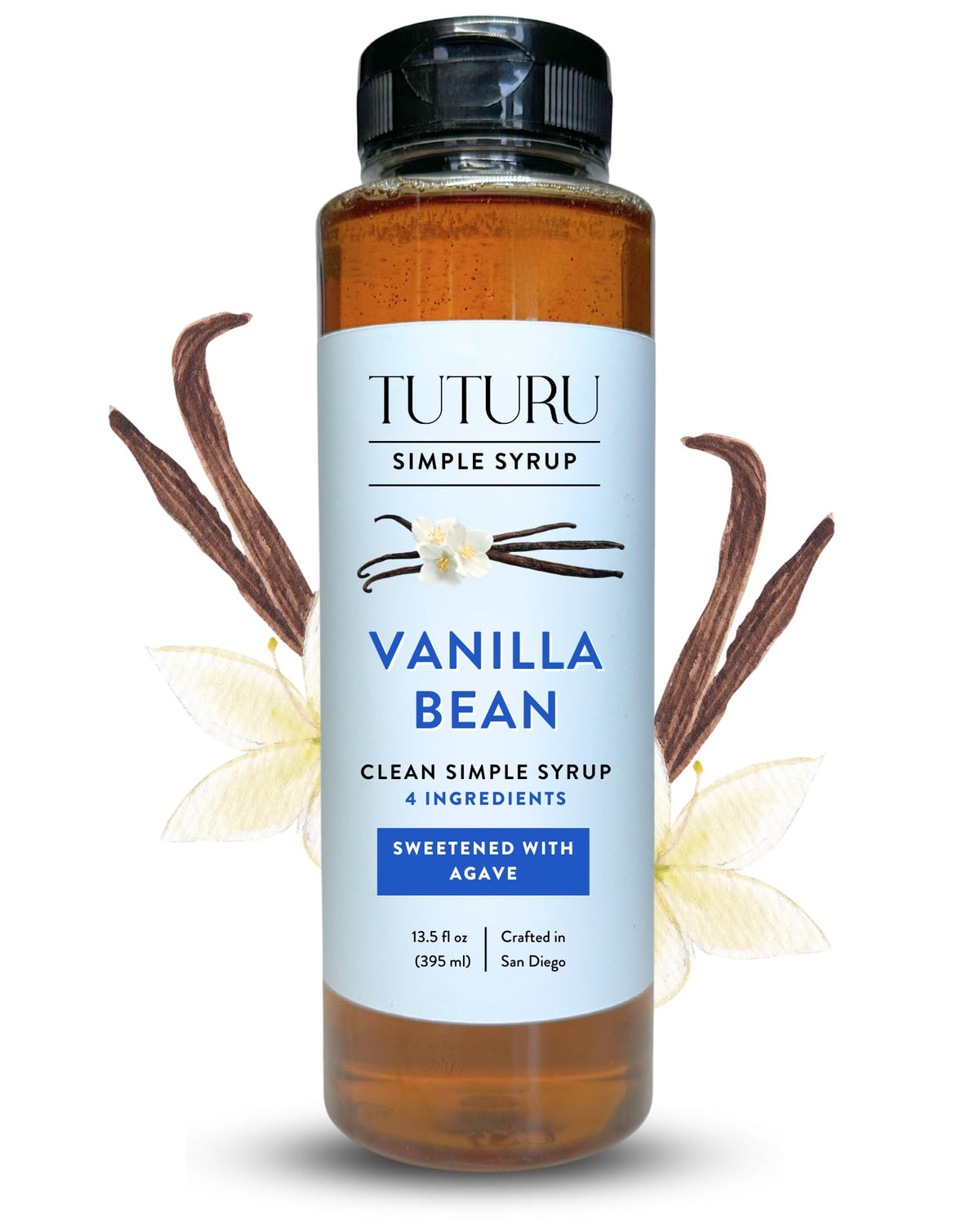 Tuturu Vanilla Bean Agave Syrup bottle boosts vanilla notes in coffee.