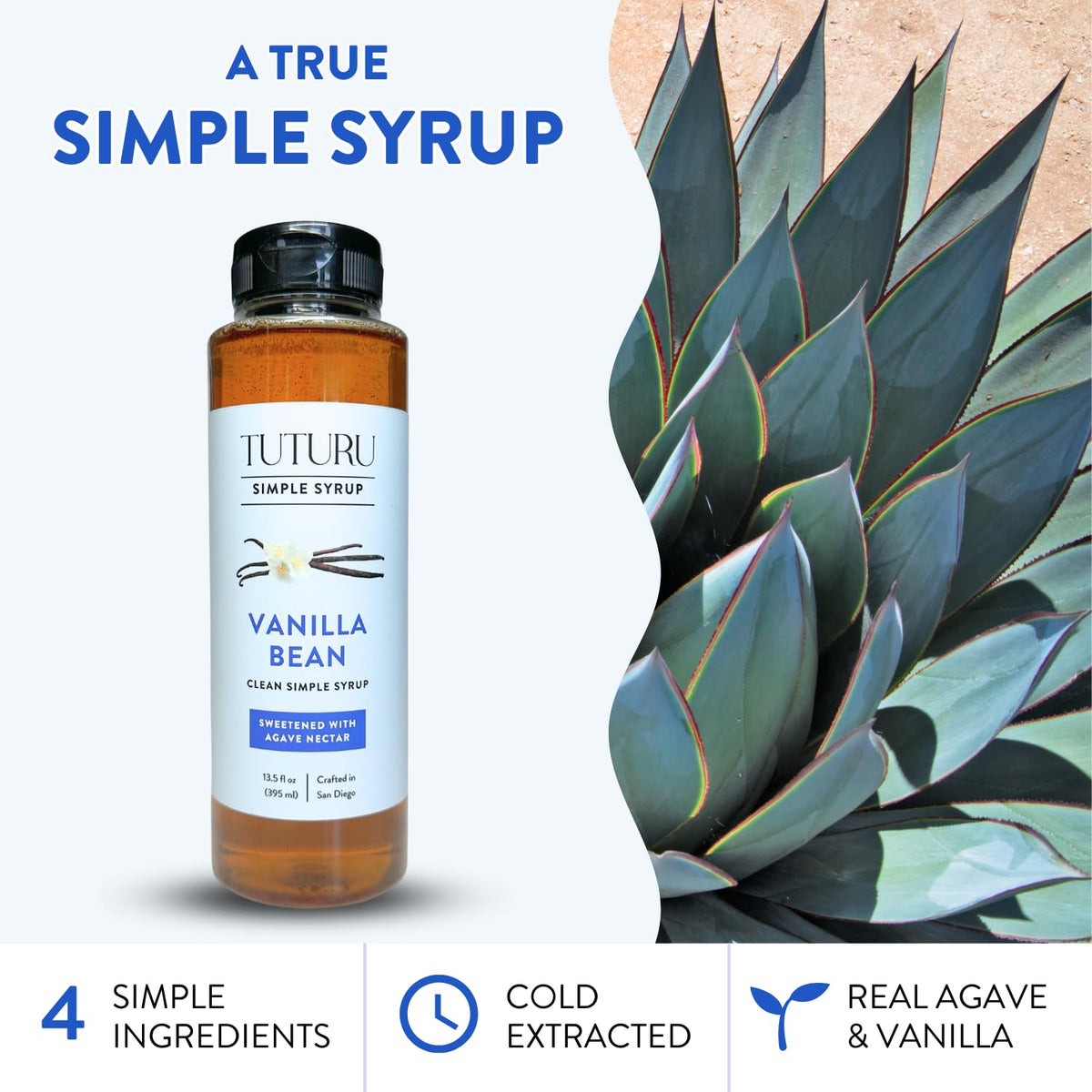 Hand-brewed San Diego vanilla agave syrup enhances drinks.