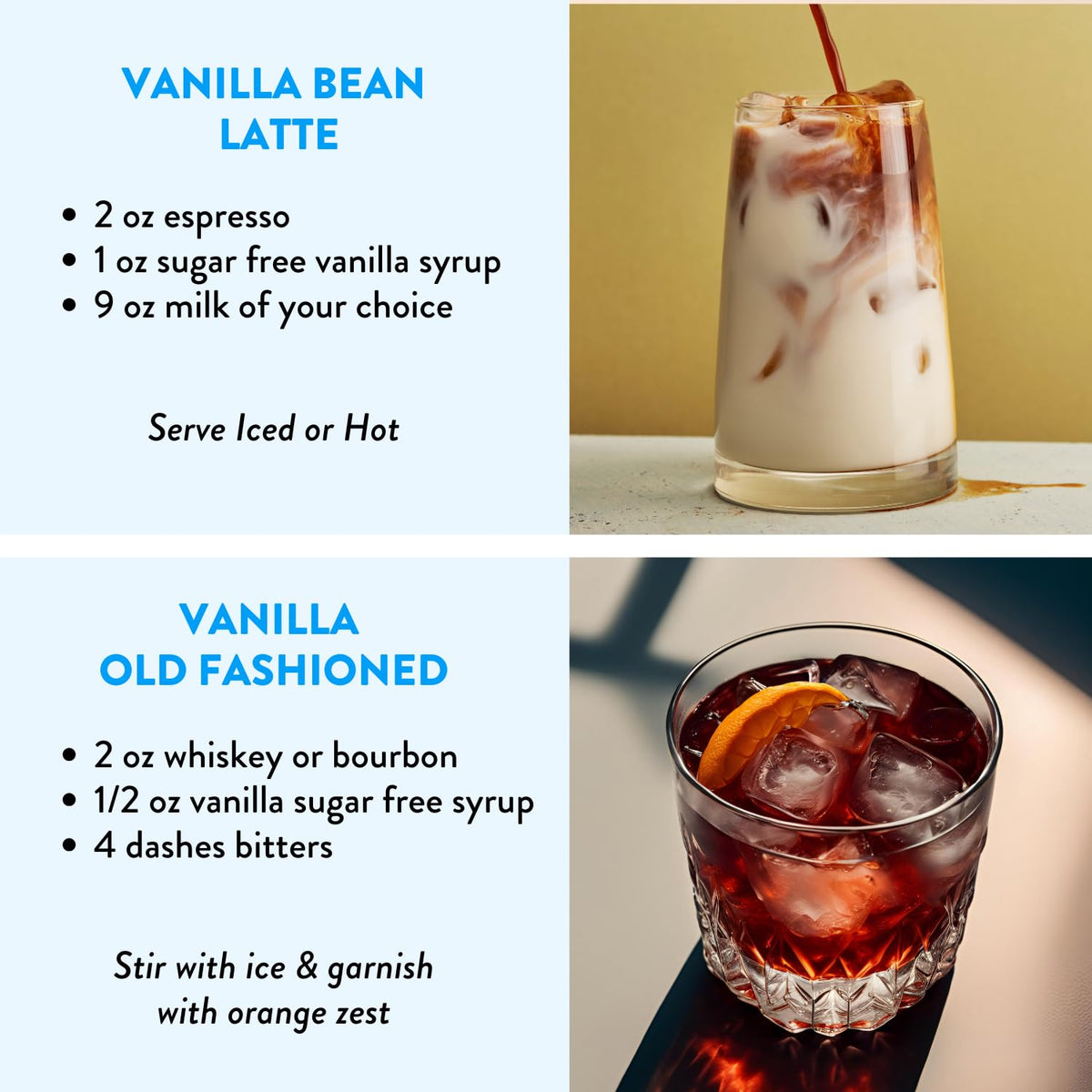 TUTURU vanilla syrup stirred into coffee steam, demonstrating versatile use.