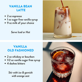 TUTURU vanilla syrup stirred into coffee steam, demonstrating versatile use.