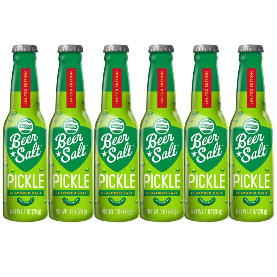 Twang Pickle Beer Salts bottle ready to sprinkle for bold beer flavor.