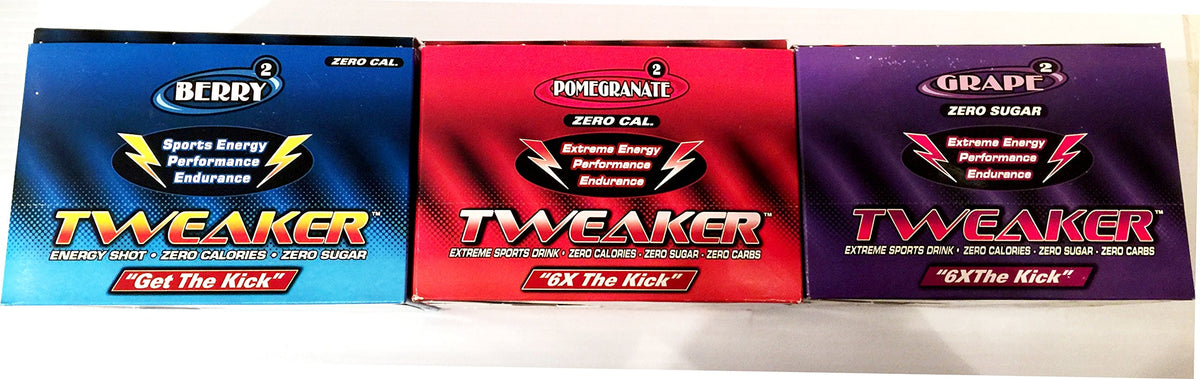Tweaker Energy Variety Pack featuring grape, berry, and pomegranate flavors for a versatile energy boost.