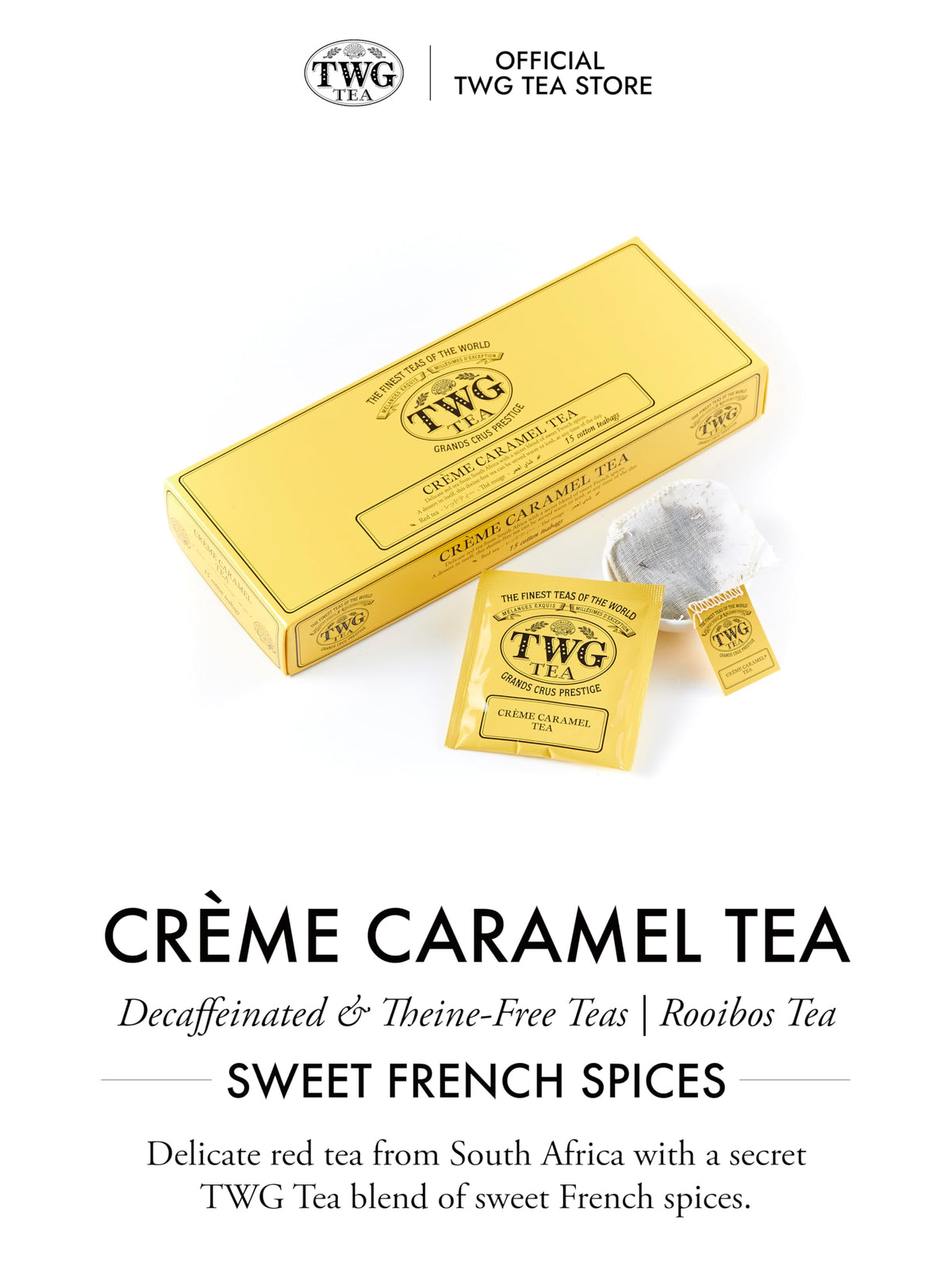 Brewing guide image: pour 95°C water, 4–5 minute infusion for TWG Crème Caramel
