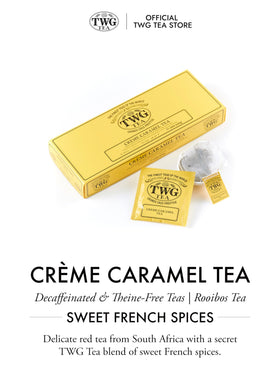 Brewing guide image: pour 95°C water, 4–5 minute infusion for TWG Crème Caramel