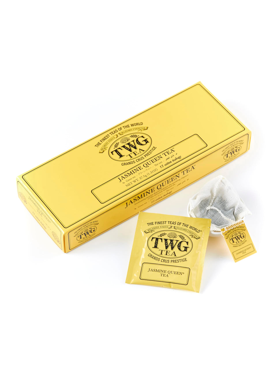 TWG Jasmine Queen tea bag closeup highlighting aroma and refined presentation.