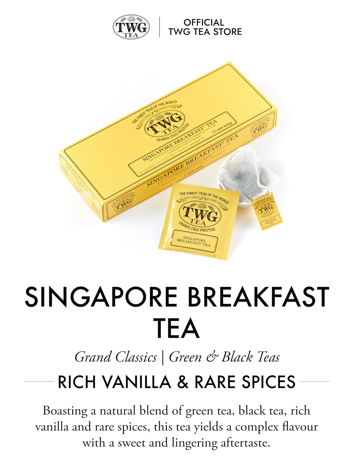 TWG Singapore Breakfast tea hand-sewn cotton teabags releasing rich aroma.