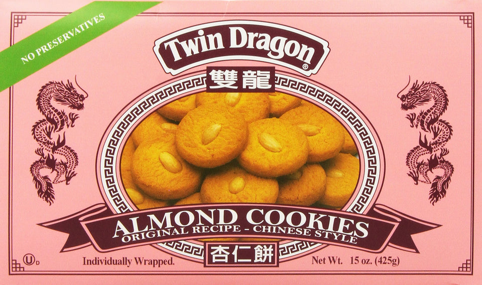 Twin Dragon almond cookies, 15oz pack-2, ideal snack for gatherings.