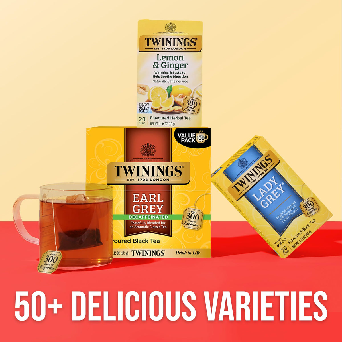 100-count Twinings tea pack on a shelf for convenient access