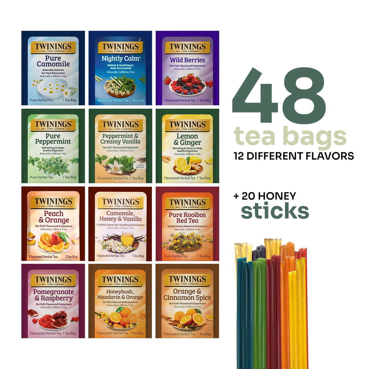 Twinings Pure Camomile tea bags highlight soothing aromas for relaxed evenings.
