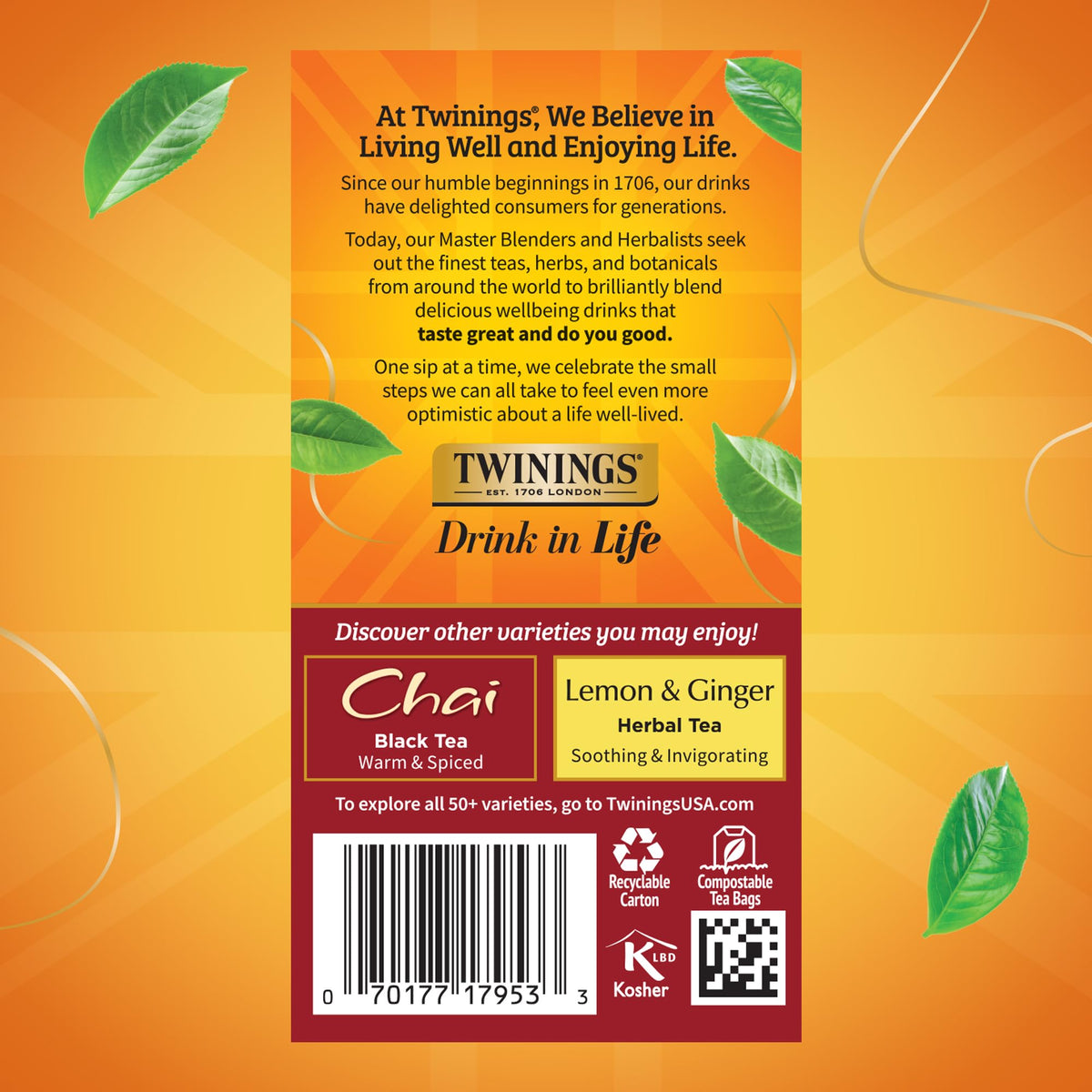 Twinings 20-count pack on display signals a reliable caffeine boost.