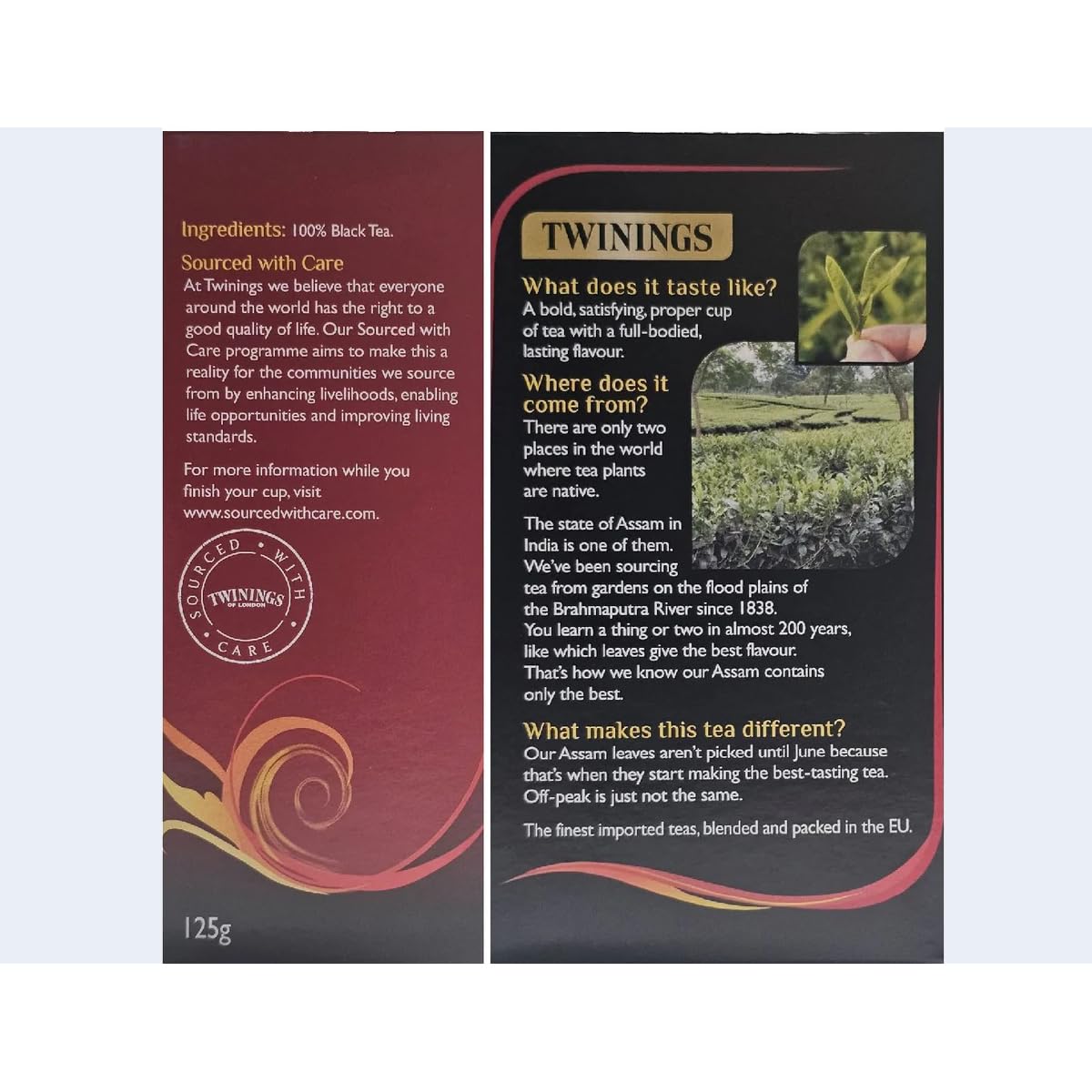 Back of Twinings Assam packaging showing 80 bags for daily use.