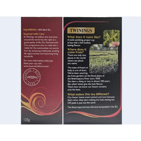 Back of Twinings Assam packaging showing 80 bags for daily use.