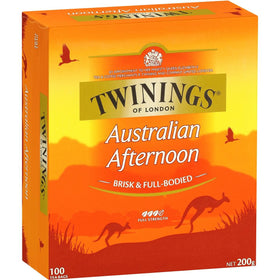 Twinings Australian Afternoon Tea box front, highlighting a robust flavor for afternoon tea rituals.
