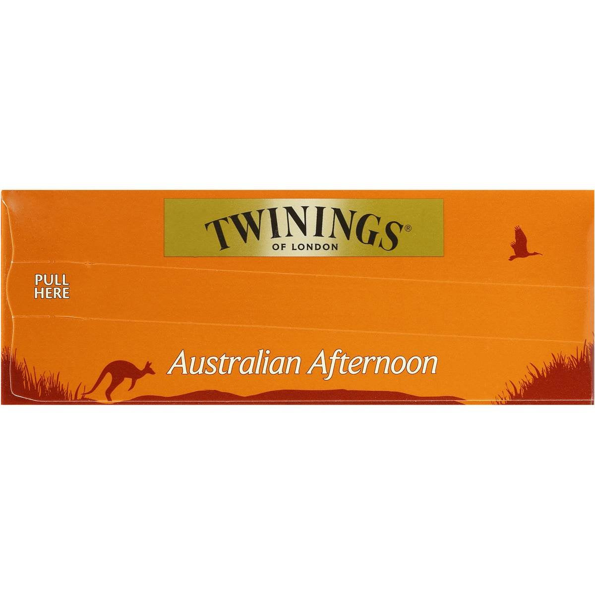 Twinings Australian Afternoon Tea cup with steam, perfect for pairing with biscuits.