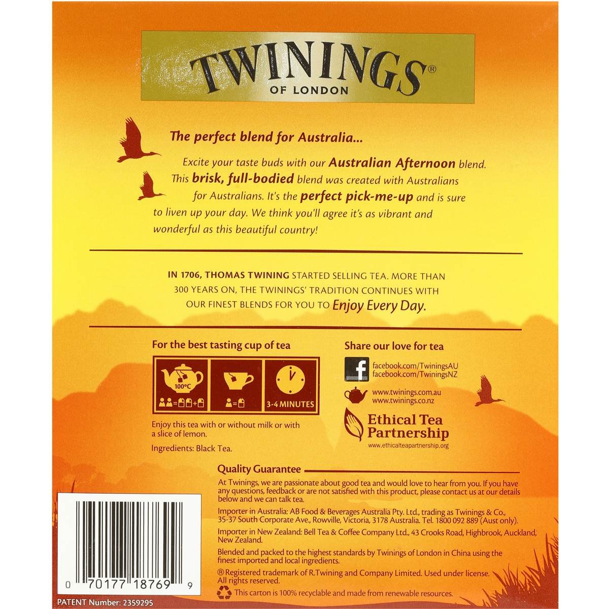 Twinings Australian Afternoon Tea tea bag steeping, producing a full-bodied cup for afternoon relaxation.