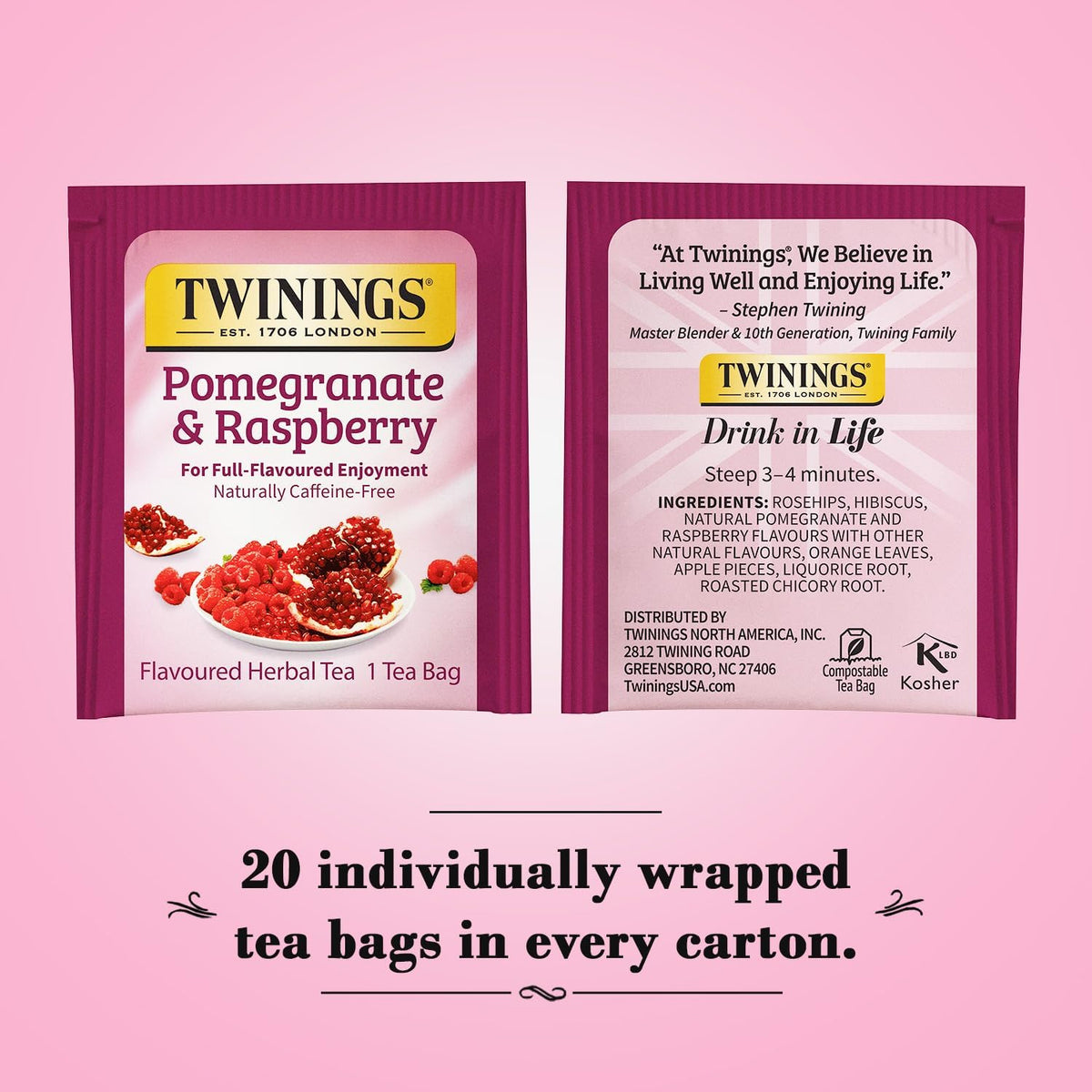 Twinings Bedtime Pomegranate-Raspberry tea bags promote a relaxing evening ritual.