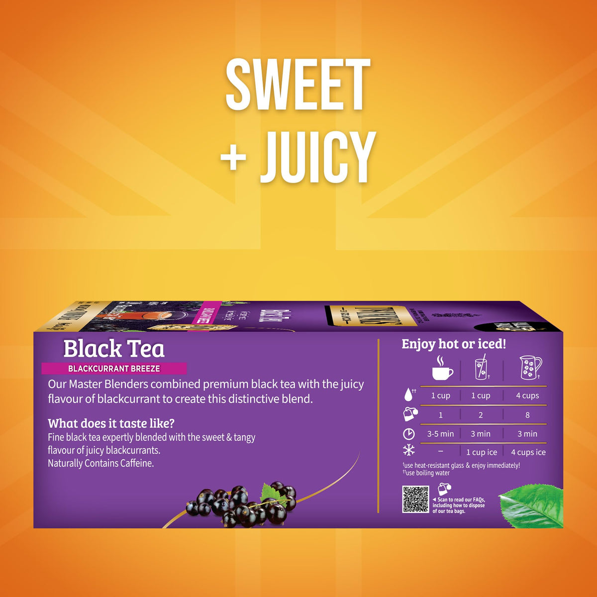 Steaming cup of Twinings Blackcurrant Breeze with sweet-tart aroma