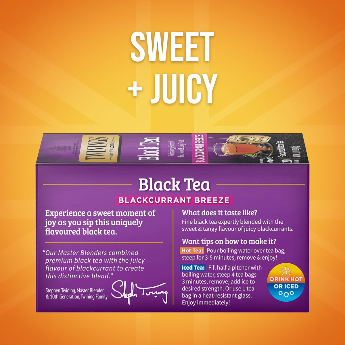 Individually wrapped Twinings Blackcurrant Breeze tea bags for travel freshness
