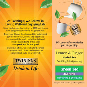 Twinings brand label close-up on the Peach & Orange herbal tea packaging.