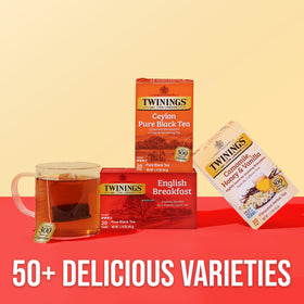 Twinings brand logo on tea pack signaling trusted heritage and quality.