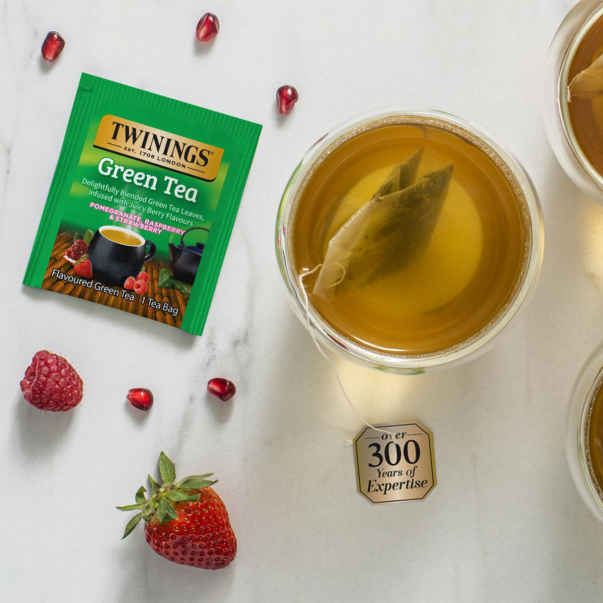 Brewing guide showing two minutes steep for Twinings green tea