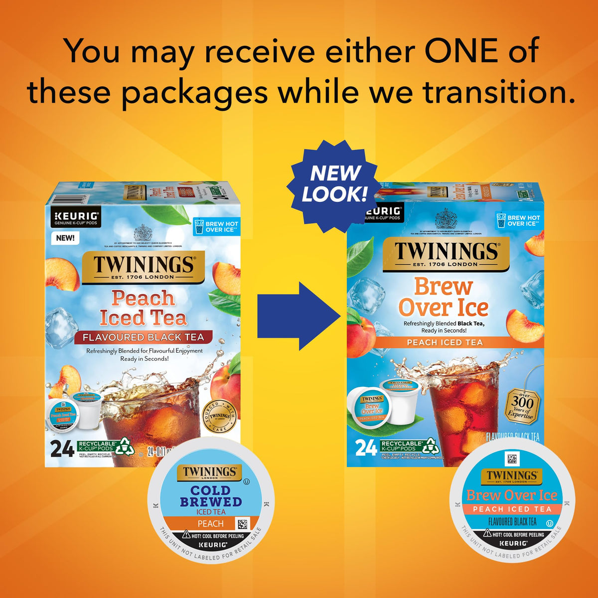 Twinings Brew Over Ice Peach Tea box with 24 unsweetened K-Cup pods on display.