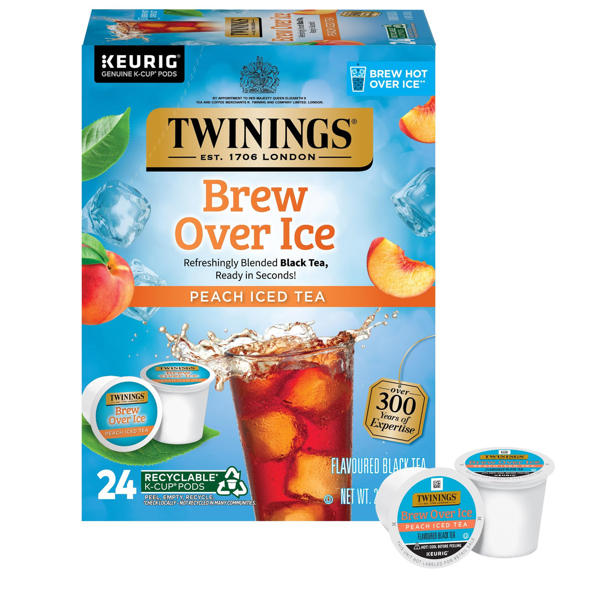Twinings Brew Over Ice Peach Tea pod for Keurig delivers refreshing peach flavor.
