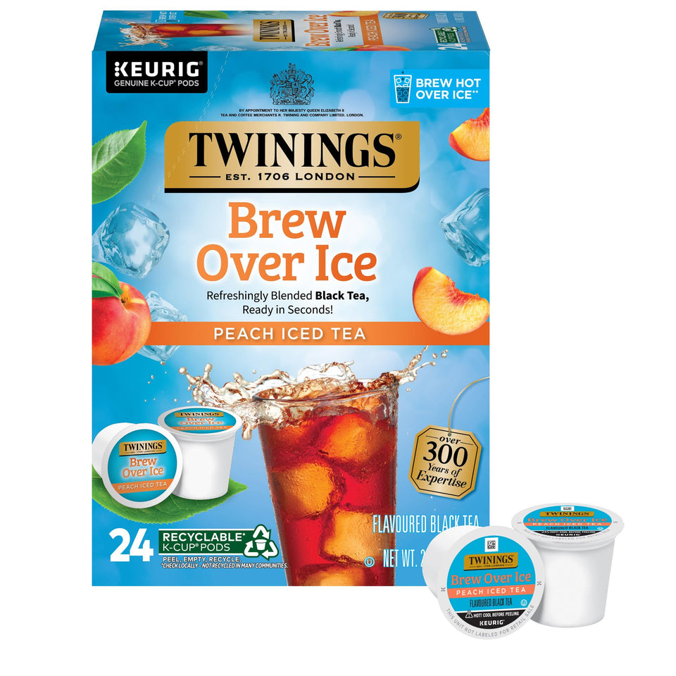 Twinings Brew Over Ice Peach Tea pod for Keurig delivers refreshing peach flavor.