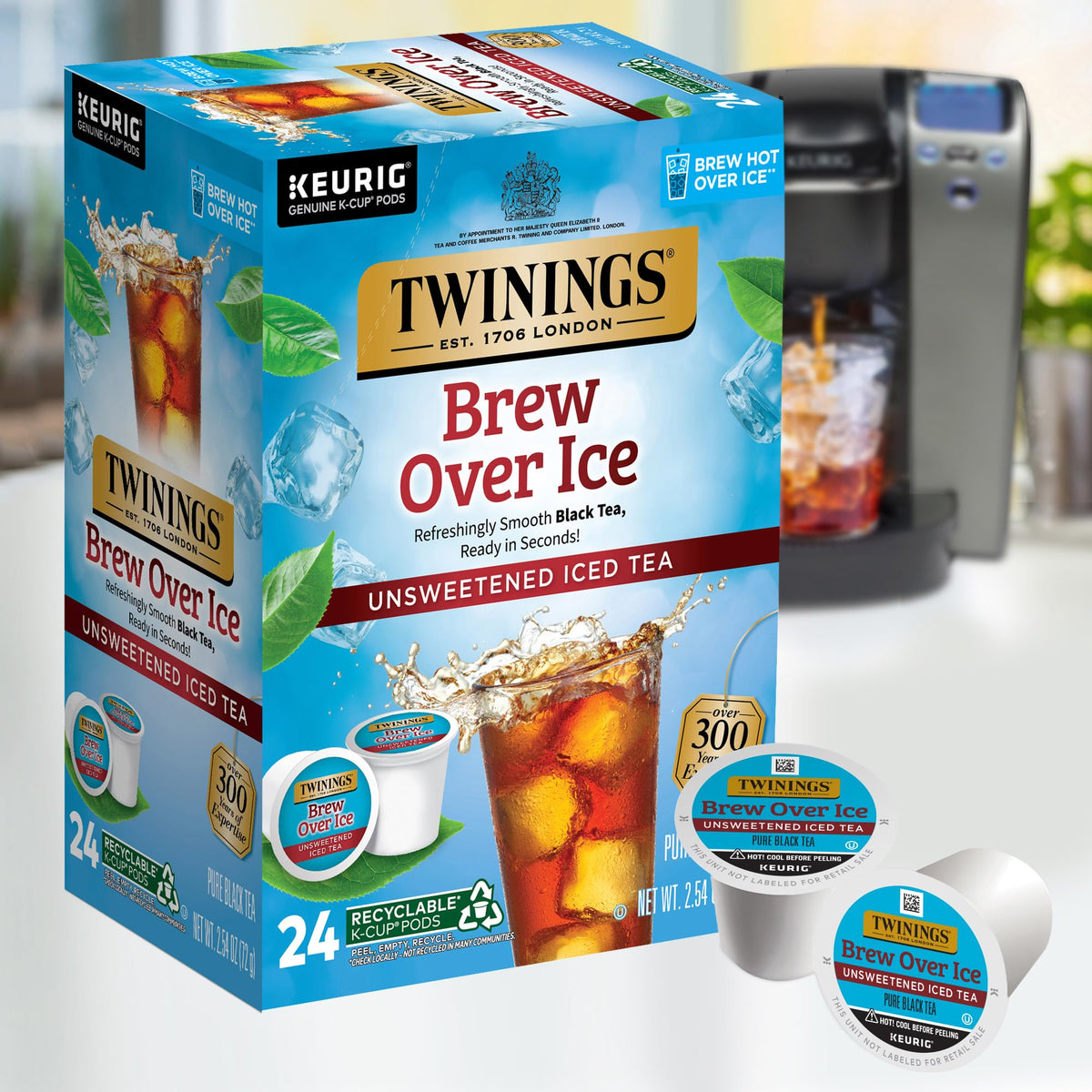 Twinings Brew Over Ice 24-pack box visible on shelf, convenient for quick brews.