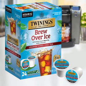 Twinings Brew Over Ice 24-pack box visible on shelf, convenient for quick brews.