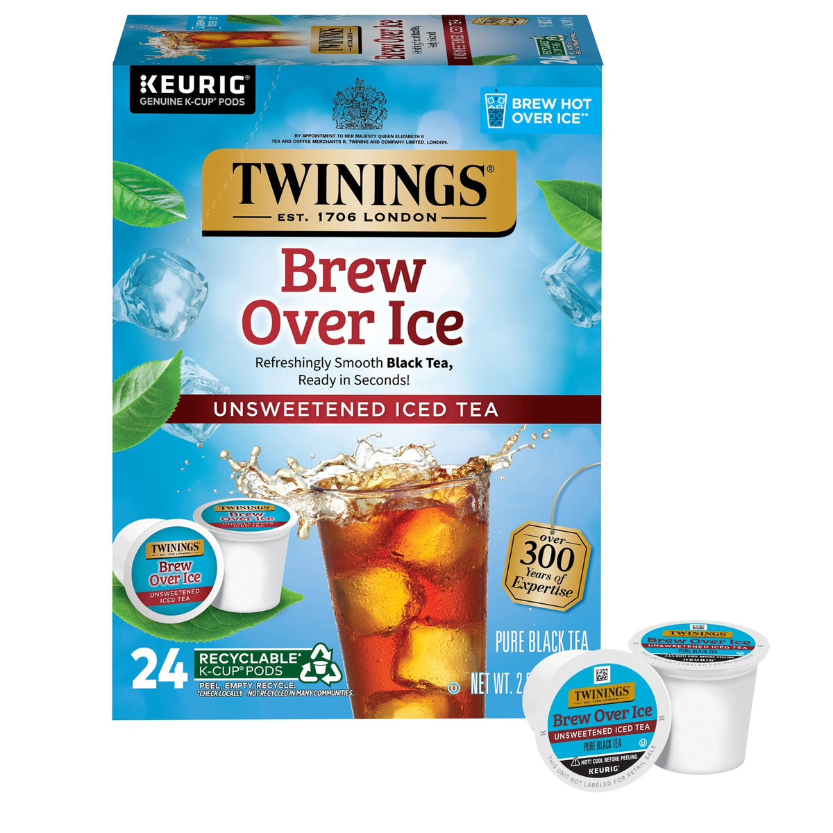 Twinings Brew Over Ice Unsweetened Black Tea pods pour for a refreshing iced drink.