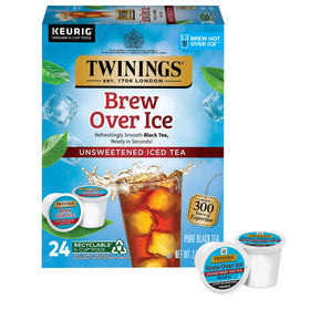 Twinings Brew Over Ice Unsweetened Black Tea pods pour for a refreshing iced drink.