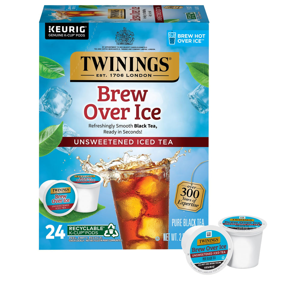 Twinings Brew Over Ice Unsweetened Black Tea pods pour for a refreshing iced drink.