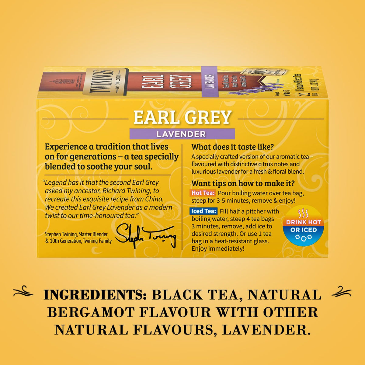 Twinings brewed cup of Earl Grey Lavender delivers brisk aroma and balanced flavor.