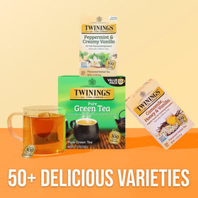 Pouring Twinings peppermint-vanilla tea over ice for a refreshing iced tea.
