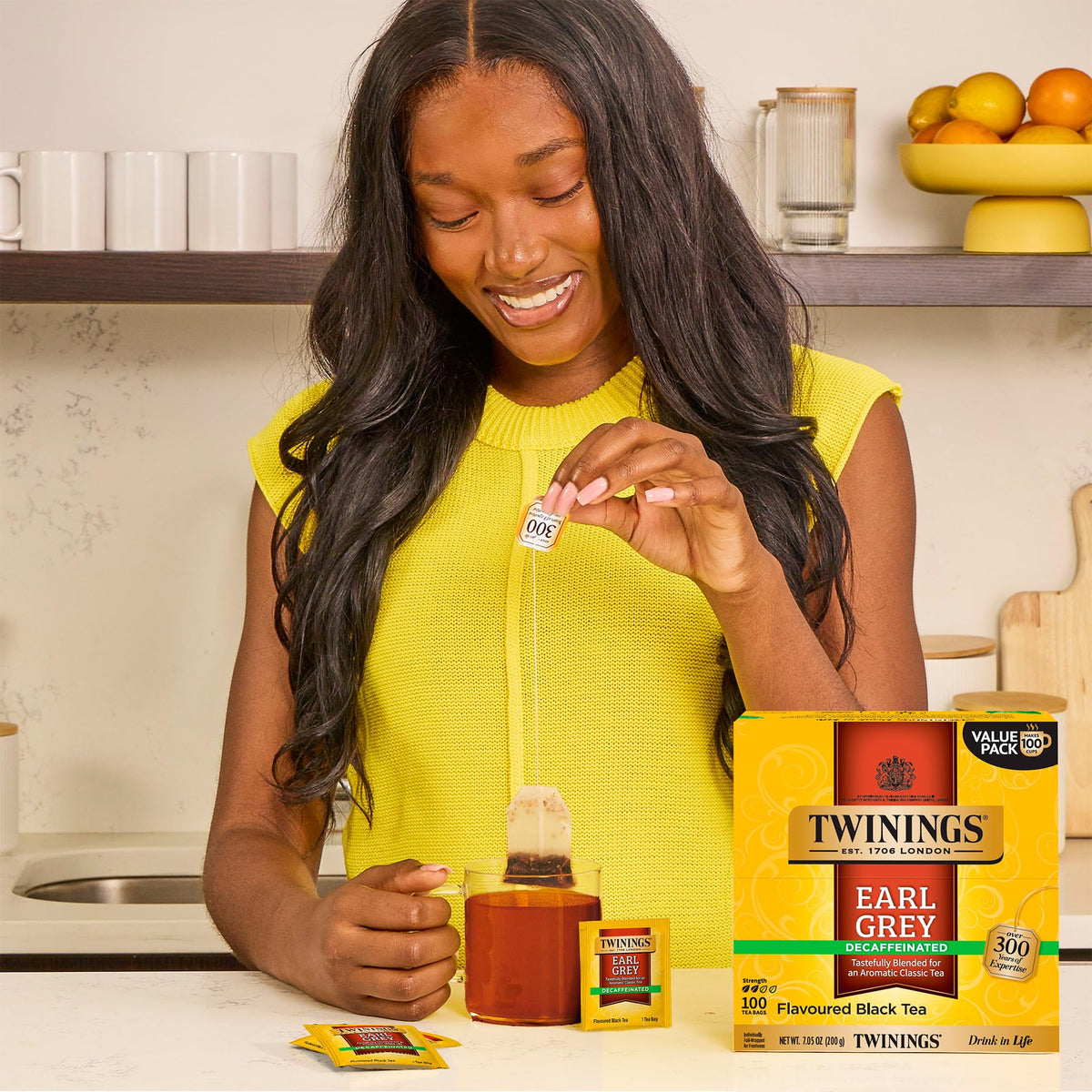 A hot cup of Twinings decaffeinated Earl Grey being poured