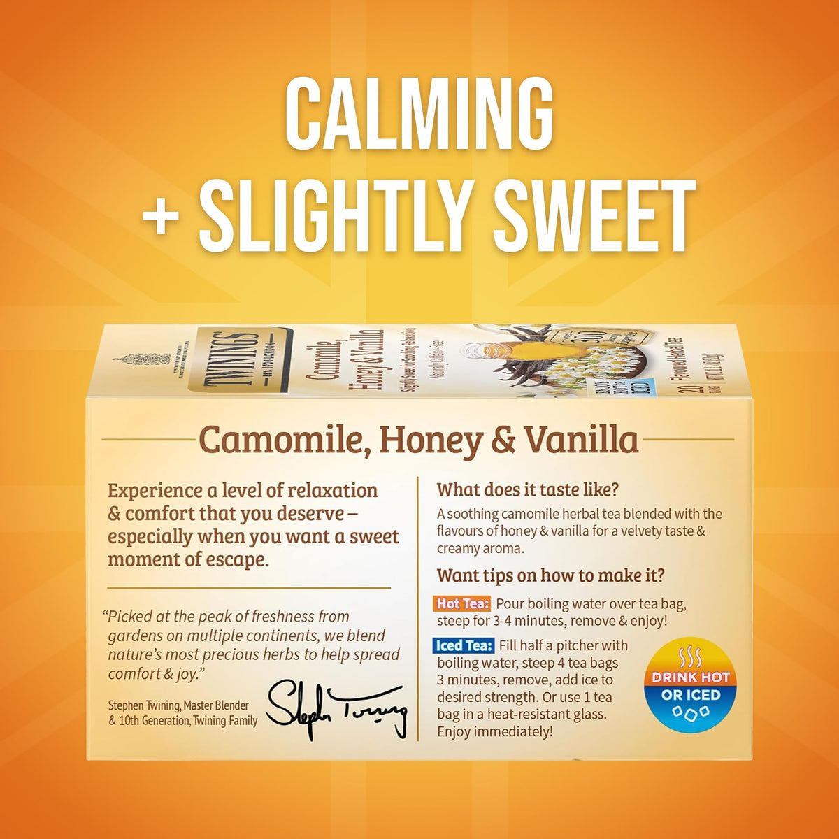 Twinings Camomile Honey Vanilla cup steaming to evoke a calm, comforting moment.