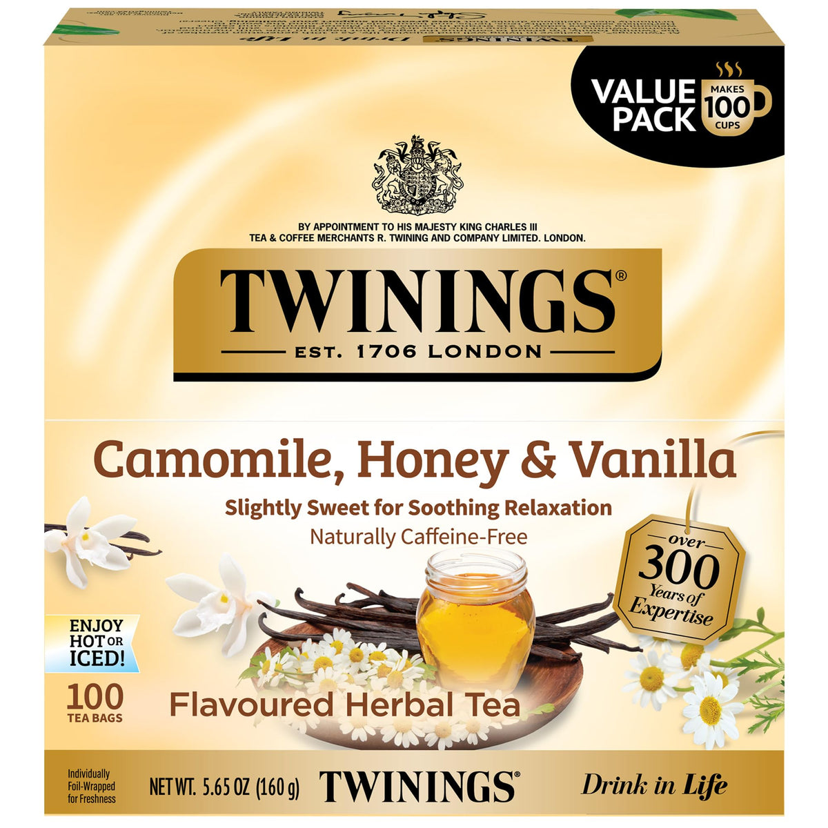 Twinings Camomile Honey Vanilla tea bags close-up packaging for a soothing, caffeine-free evening ritual