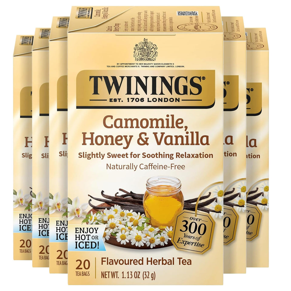 Twinings Camomile Honey Vanilla tea bags on display for a soothing caffeine-free experience.