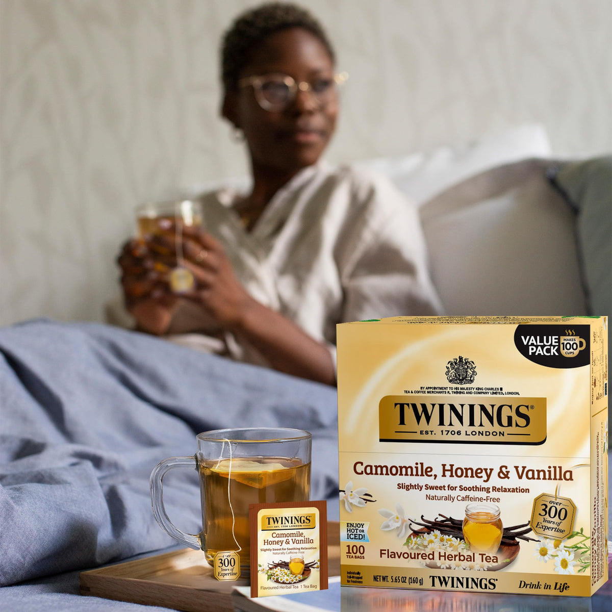 Twinings Camomile Honey Vanilla tea box with 100 bags for daily soothing moments