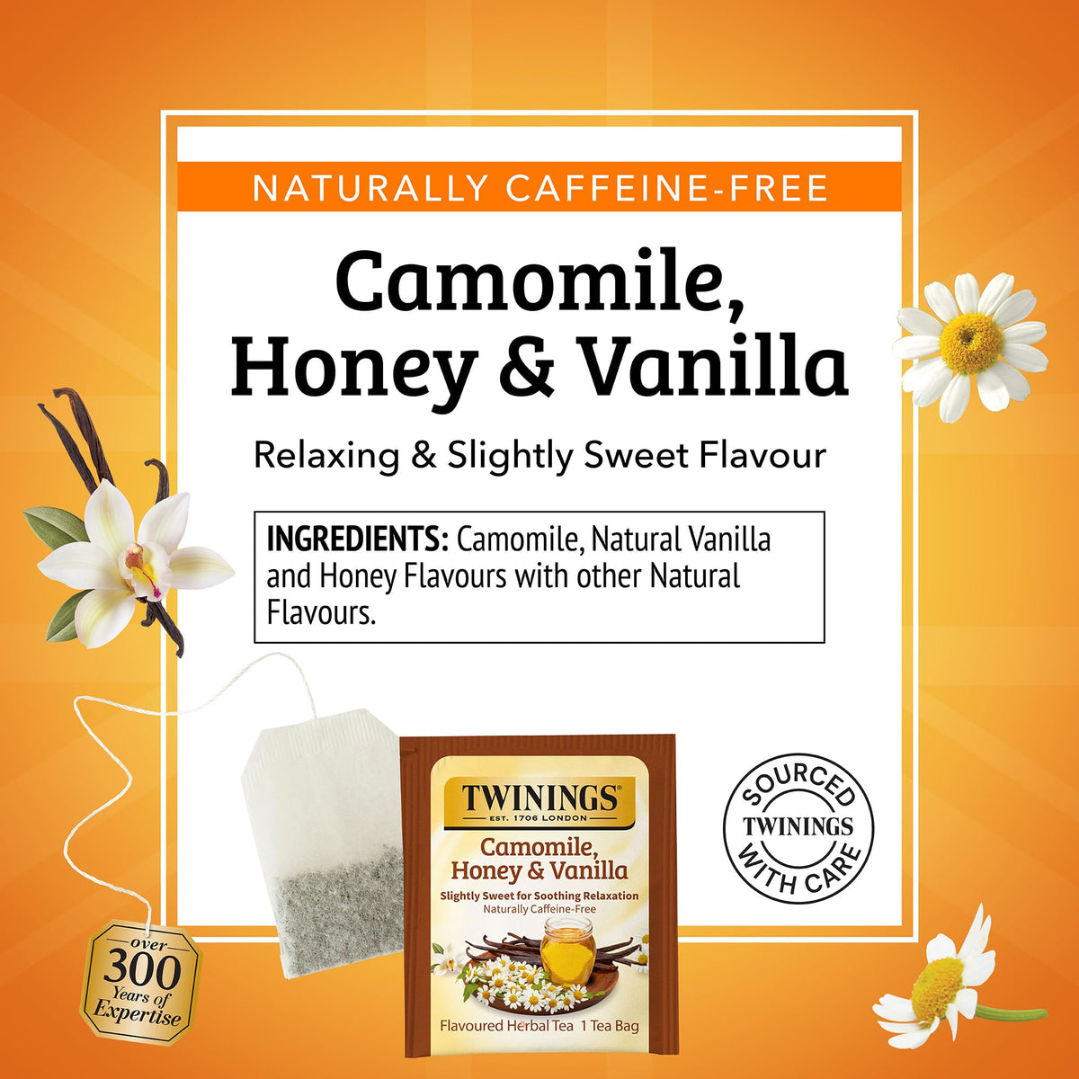 Twinings Camomile Honey Vanilla tea cup steaming, signaling a comforting pause in your day