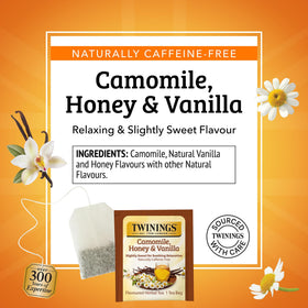 Twinings Camomile Honey Vanilla tea cup steaming, signaling a comforting pause in your day