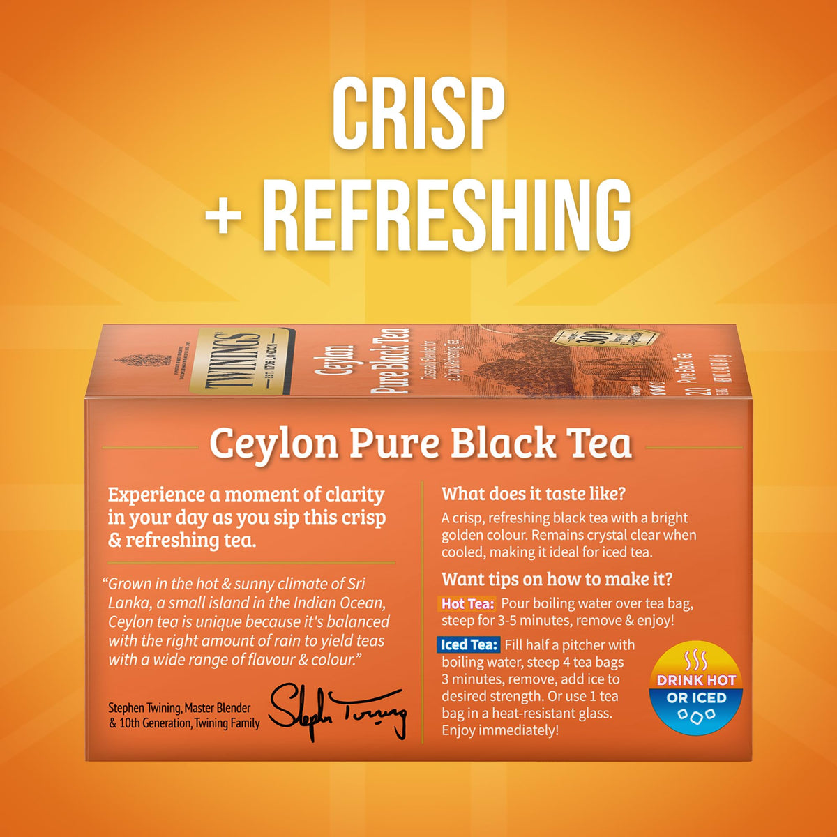 Twinings Ceylon Pure Black Tea box-front with individually wrapped bags for freshness on the go.